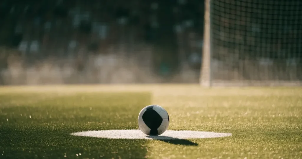 Un pallone da calcio sul dischetto del centrocampo di un prato, alla luce del mattino