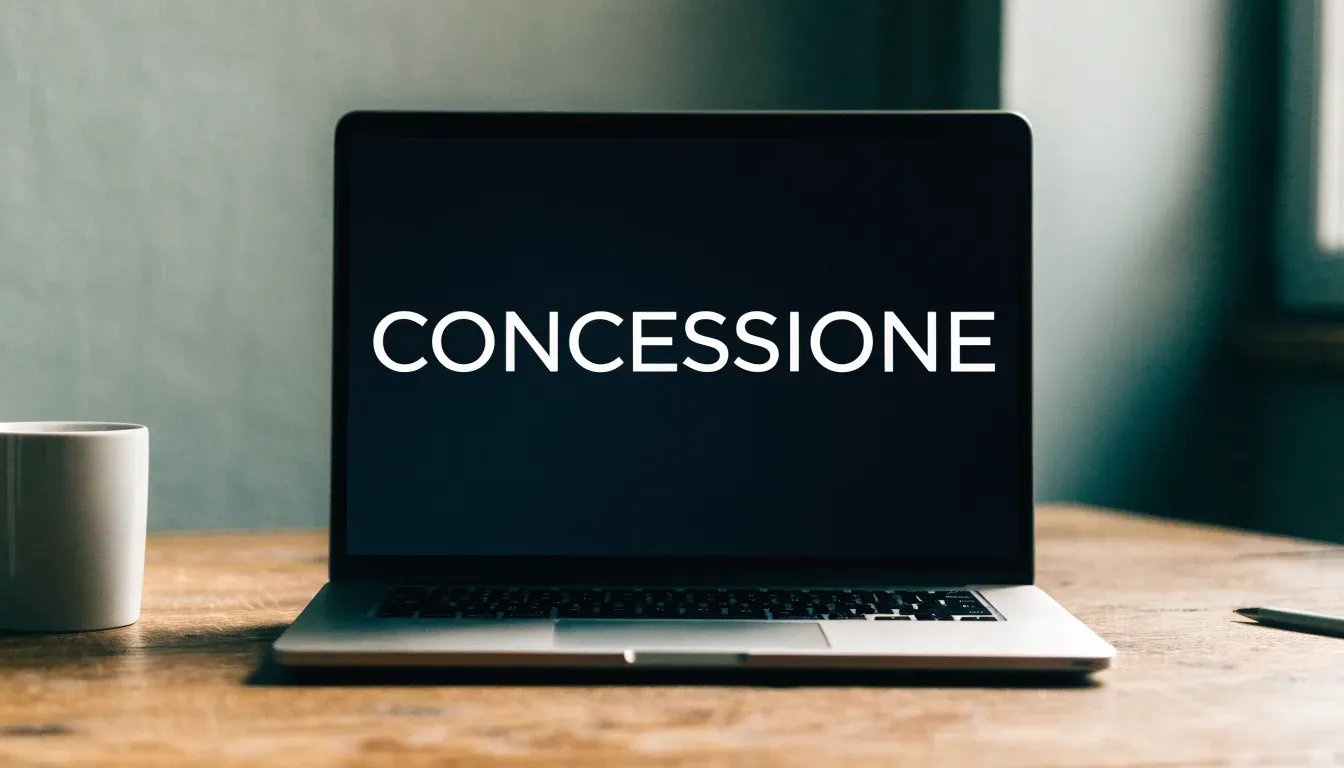 Un foglio di concessione in carta con un timbro rosso, appoggiato su una scrivania di legno accanto a una penna