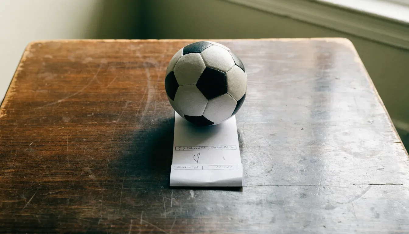Un pallone da calcio appoggiato su una schedina bianca su un tavolo di legno, alla luce del giorno