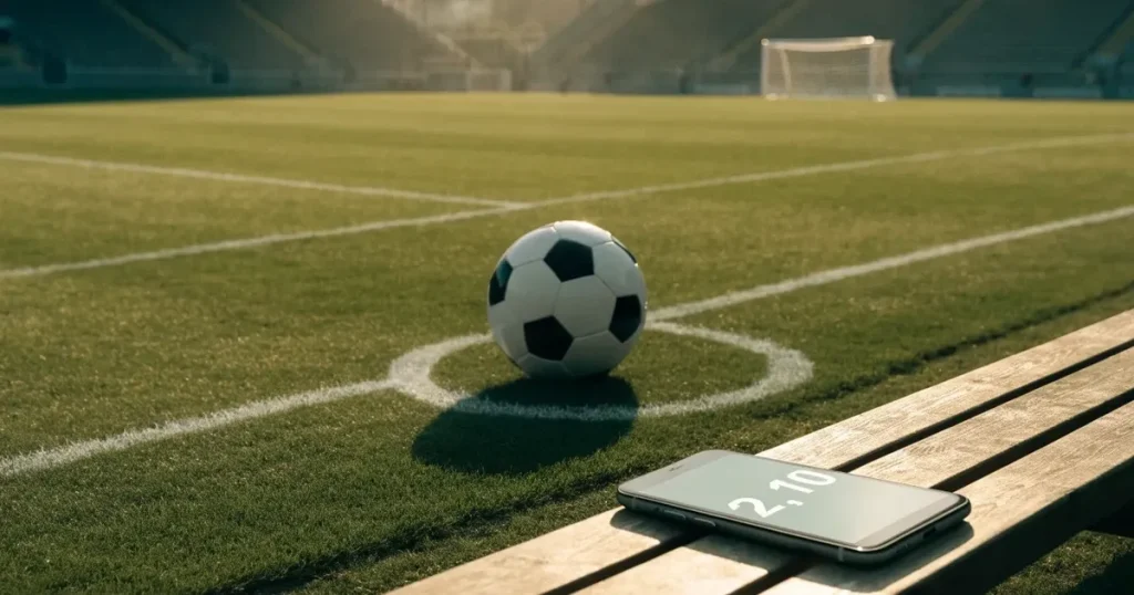Un pallone da calcio sul dischetto del centrocampo di un prato, alla luce del mattino