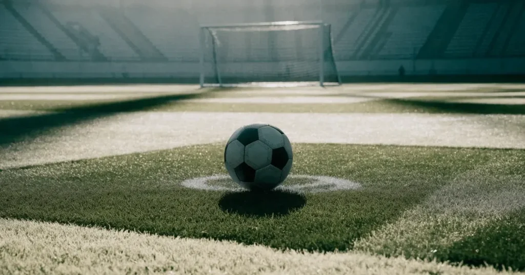 Un pallone da calcio sul dischetto del centrocampo di un prato, alla luce del mattino