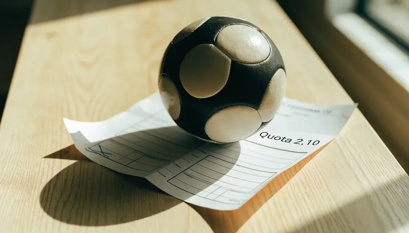 Un pallone da calcio appoggiato su una schedina bianca su un tavolo di legno, alla luce del giorno