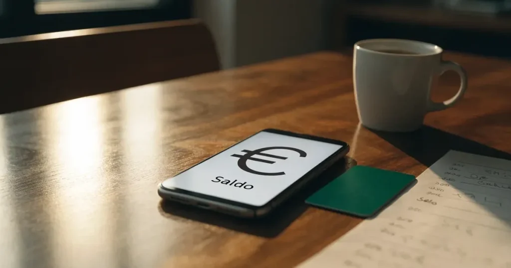 Uno smartphone e una carta di pagamento affiancati su un tavolo di legno, con alcune banconote da euro accanto