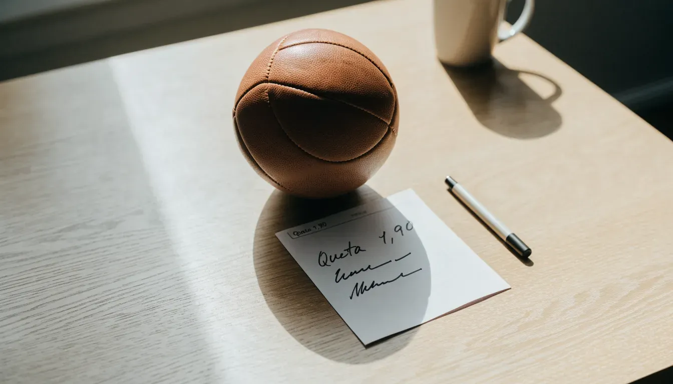 Un pallone da calcio appoggiato su una schedina bianca su un tavolo di legno, alla luce del giorno