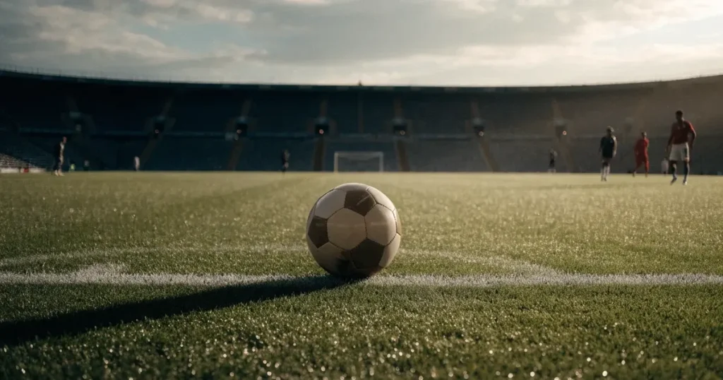Un pallone da calcio sul dischetto del centrocampo di un prato, alla luce del mattino
