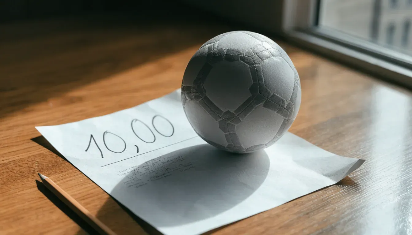 Un pallone da calcio appoggiato su una schedina bianca su un tavolo di legno, alla luce del giorno