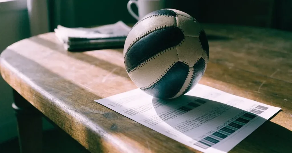 Un pallone da calcio appoggiato su una schedina bianca su un tavolo di legno, alla luce del giorno