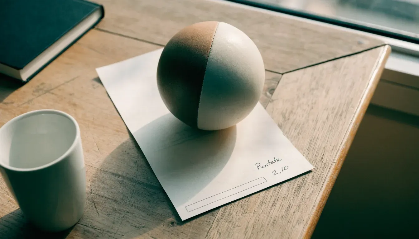Un pallone da calcio appoggiato su una schedina bianca su un tavolo di legno, alla luce del giorno