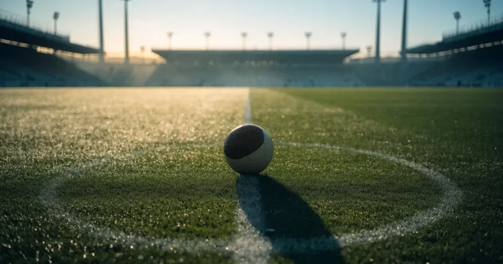 Un pallone da calcio sul dischetto del centrocampo di un prato, alla luce del mattino