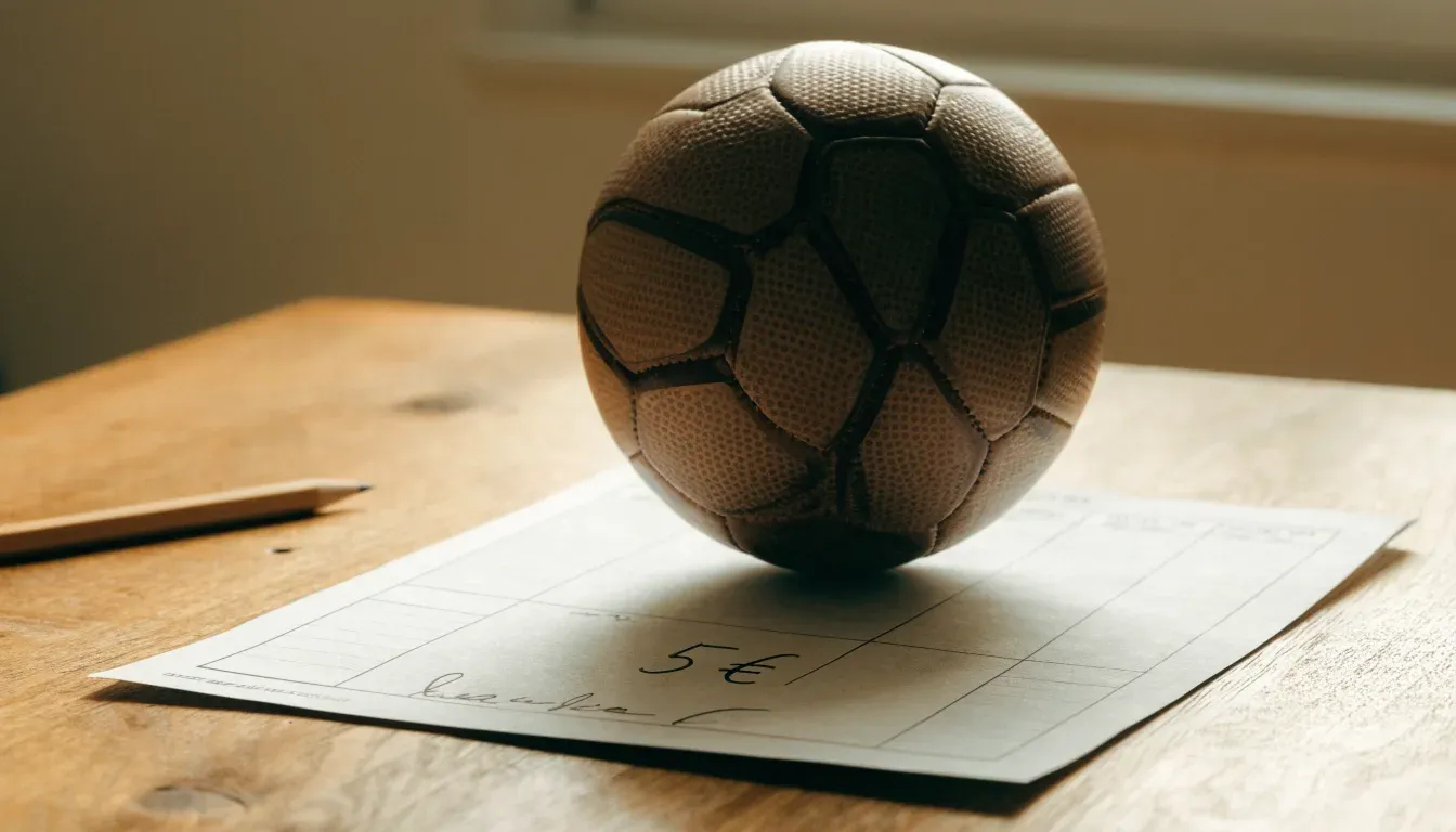 Un pallone da calcio appoggiato su una schedina bianca su un tavolo di legno, alla luce del giorno