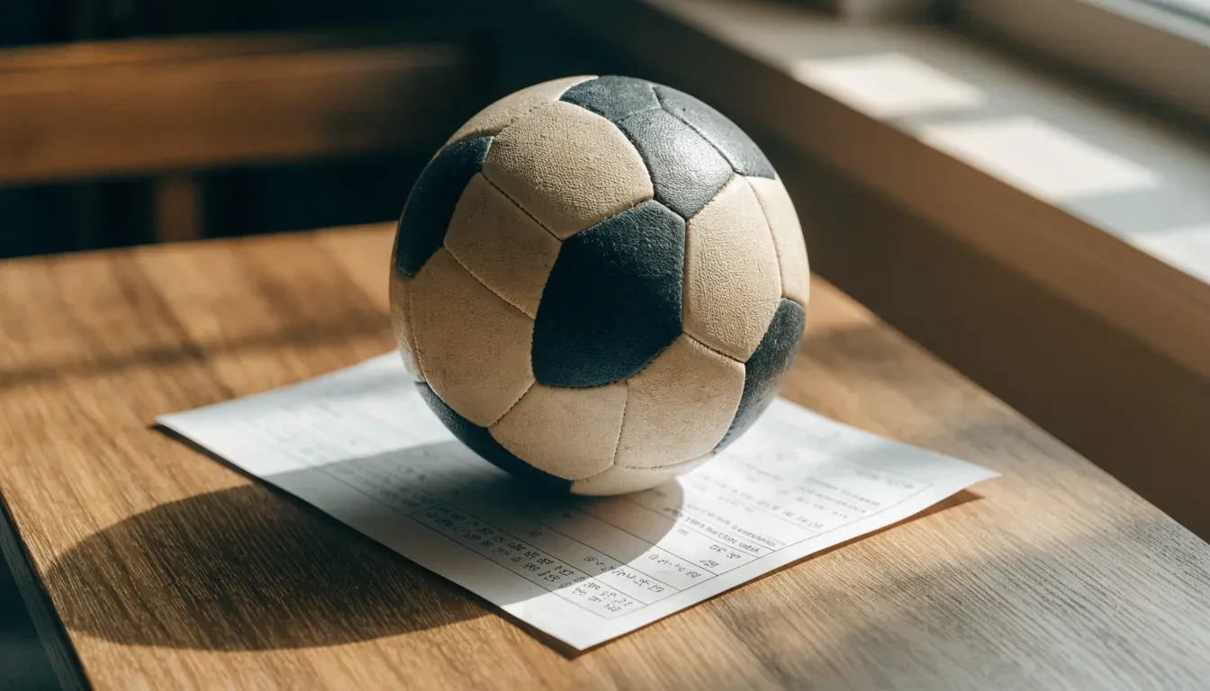 Un pallone da calcio appoggiato su una schedina bianca su un tavolo di legno, alla luce del giorno