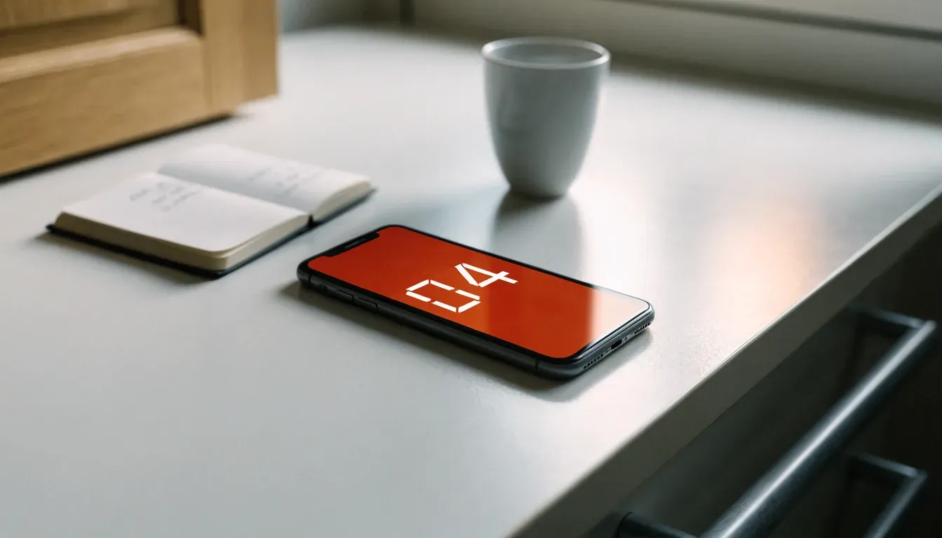 Un documento di identità appoggiato accanto a uno smartphone con un timer sullo schermo, su un tavolo da cucina