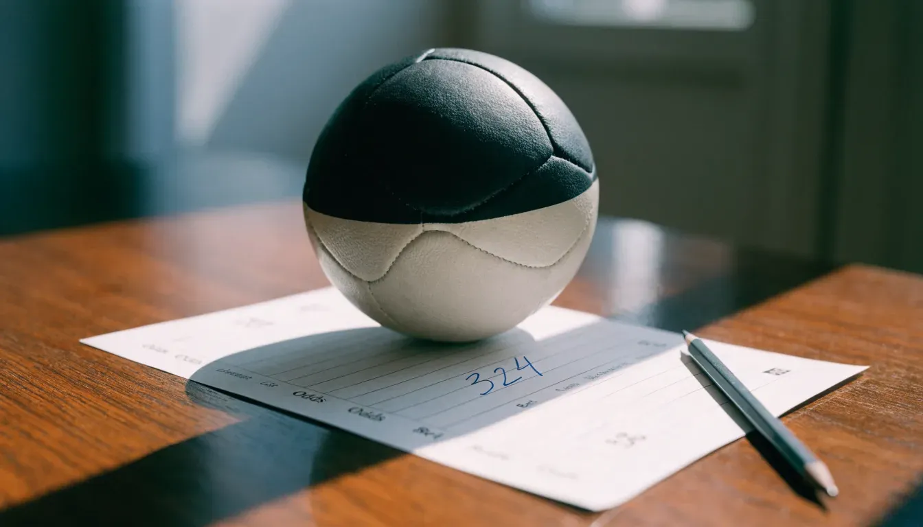 Un pallone da calcio appoggiato su una schedina bianca su un tavolo di legno, alla luce del giorno
