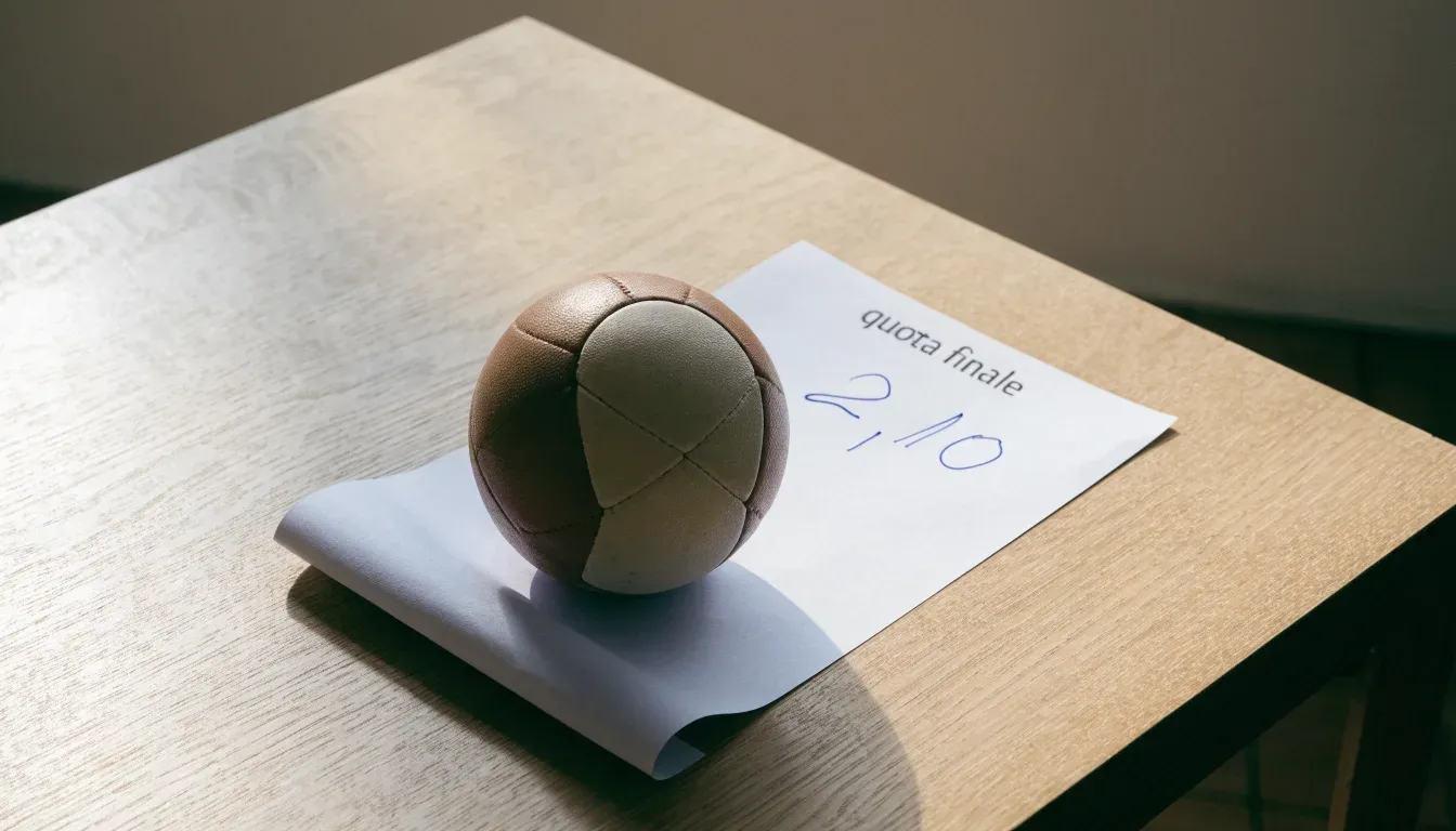 Un pallone da calcio appoggiato su una schedina bianca su un tavolo di legno, alla luce del giorno