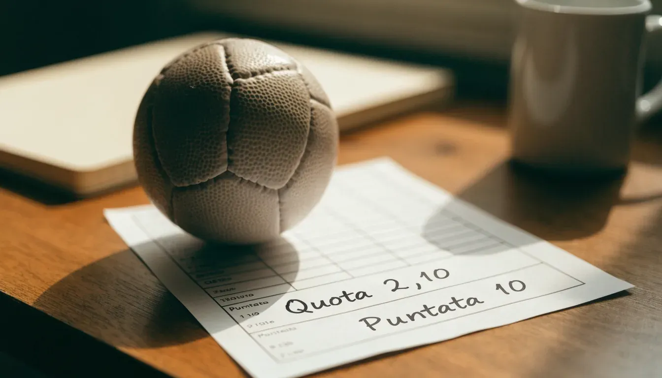 Un pallone da calcio appoggiato su una schedina bianca su un tavolo di legno, alla luce del giorno