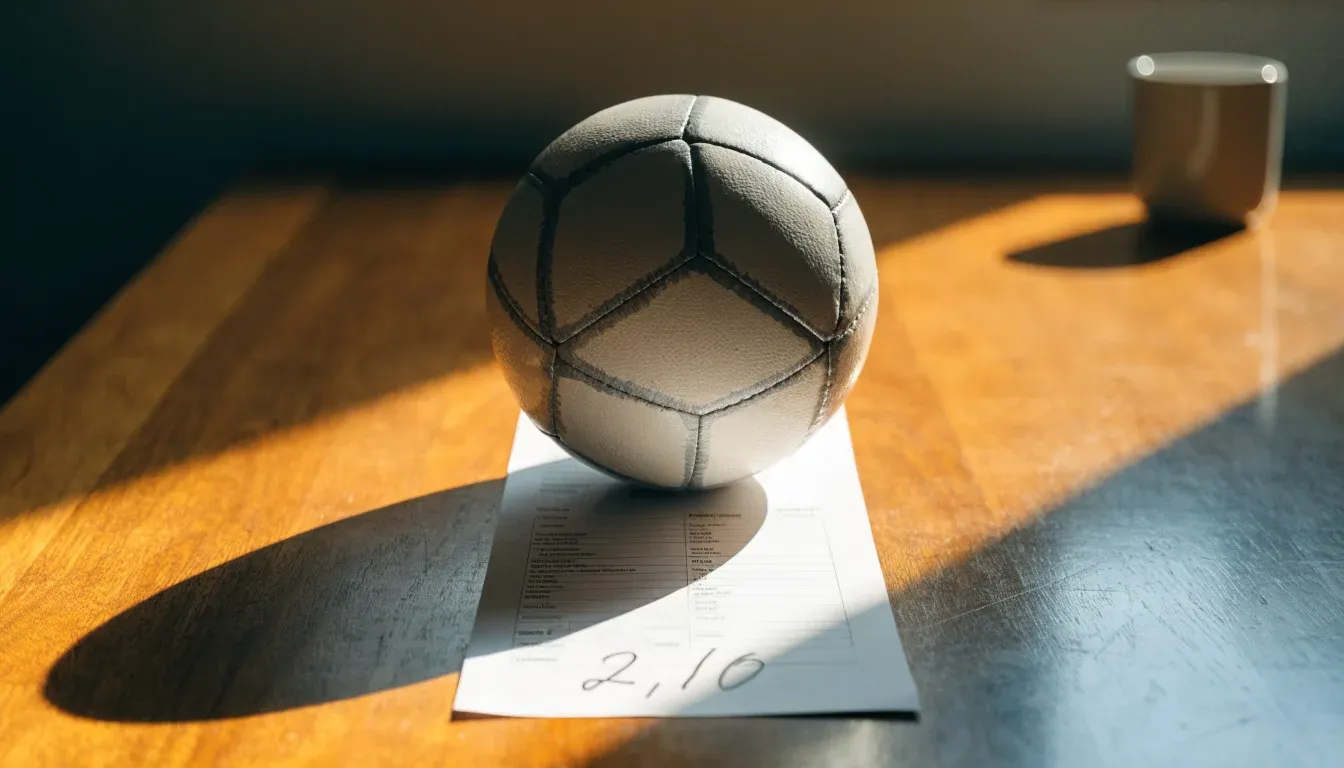 Un pallone da calcio appoggiato su una schedina bianca su un tavolo di legno, alla luce del giorno