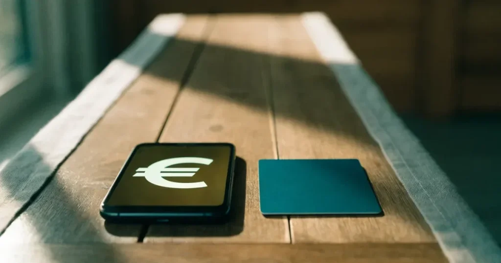 Uno smartphone e una carta di pagamento affiancati su un tavolo di legno, con alcune banconote da euro accanto