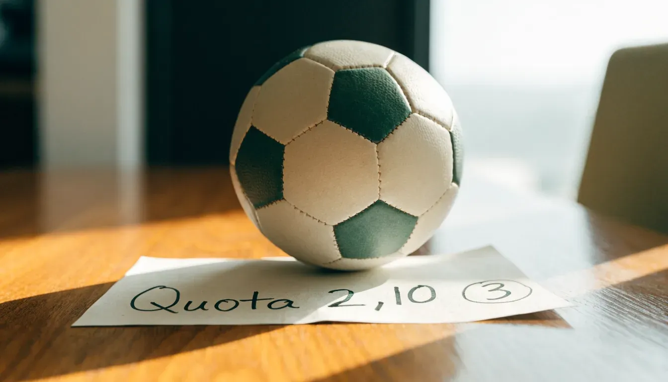 Un pallone da calcio appoggiato su una schedina bianca su un tavolo di legno, alla luce del giorno