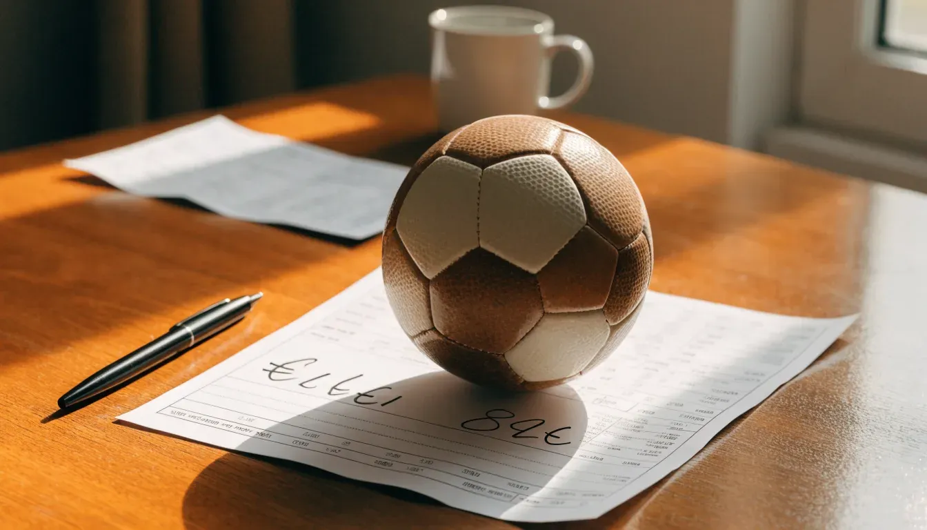 Un pallone da calcio appoggiato su una schedina bianca su un tavolo di legno, alla luce del giorno