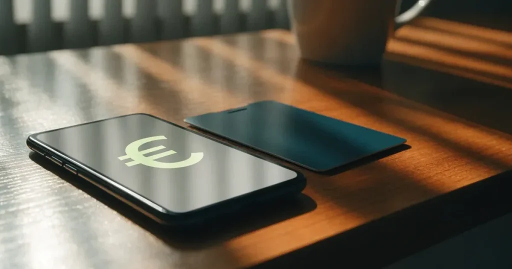Uno smartphone e una carta di pagamento affiancati su un tavolo di legno, con alcune banconote da euro accanto