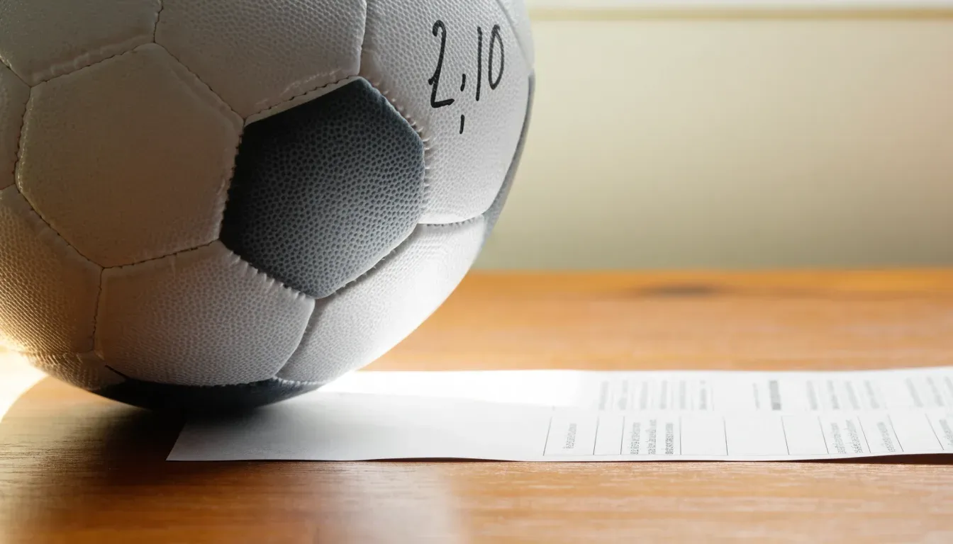 Un pallone da calcio appoggiato su una schedina bianca su un tavolo di legno, alla luce del giorno
