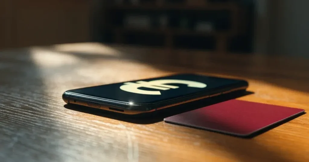 Uno smartphone e una carta di pagamento affiancati su un tavolo di legno, con alcune banconote da euro accanto