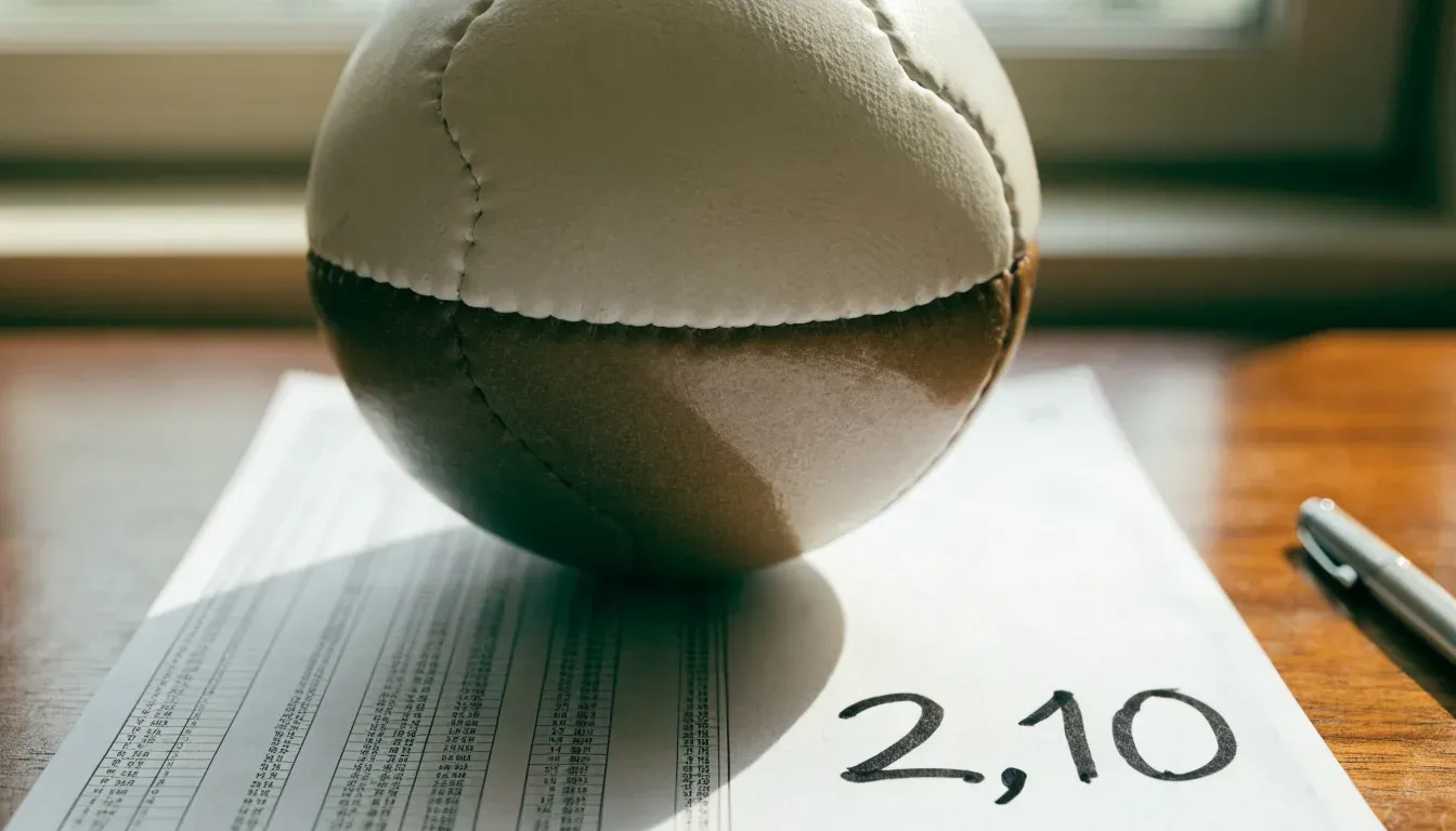 Un pallone da calcio appoggiato su una schedina bianca su un tavolo di legno, alla luce del giorno