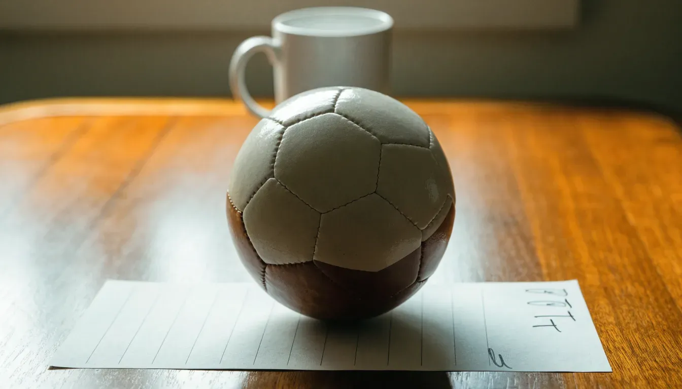 Un pallone da calcio appoggiato su una schedina bianca su un tavolo di legno, alla luce del giorno