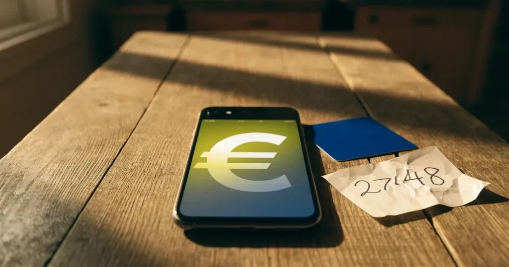 Uno smartphone e una carta di pagamento affiancati su un tavolo di legno, con alcune banconote da euro accanto
