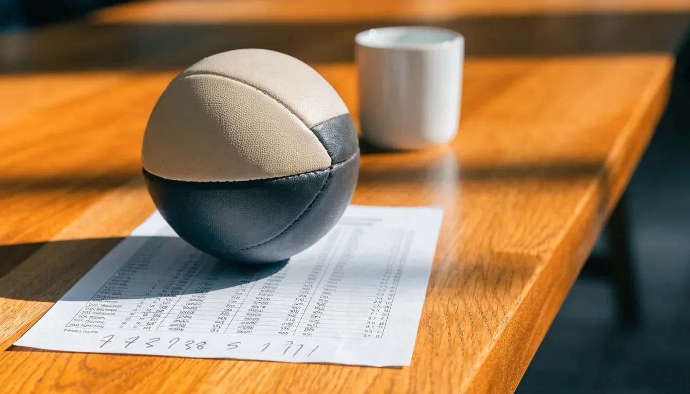 Un pallone da calcio appoggiato su una schedina bianca su un tavolo di legno, alla luce del giorno