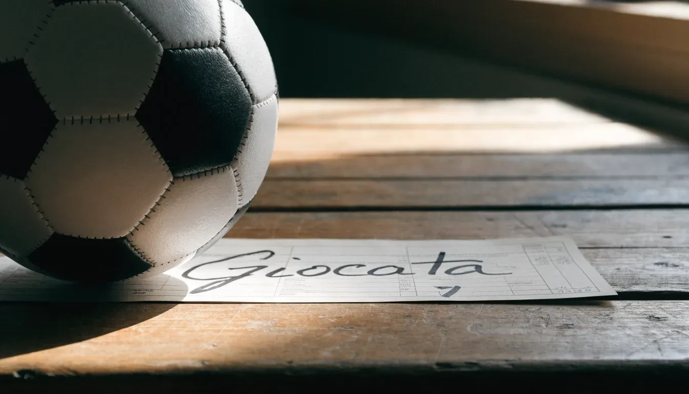 Un pallone da calcio appoggiato su una schedina bianca su un tavolo di legno, alla luce del giorno