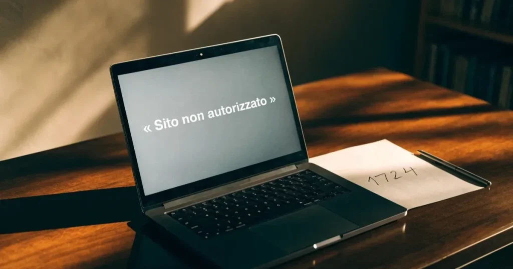 Un foglio di concessione in carta con un timbro rosso, appoggiato su una scrivania di legno accanto a una penna