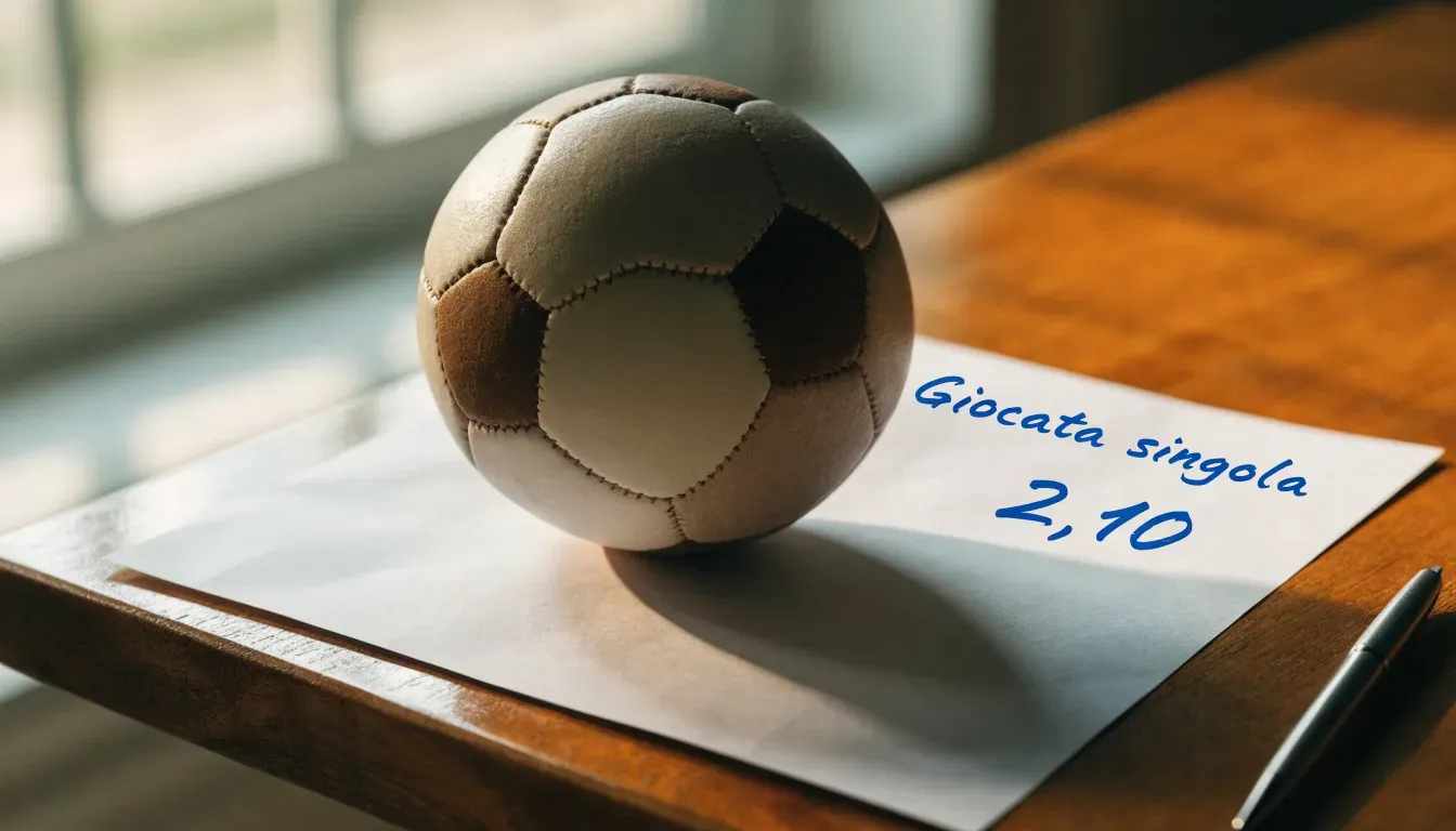 Un pallone da calcio appoggiato su una schedina bianca su un tavolo di legno, alla luce del giorno