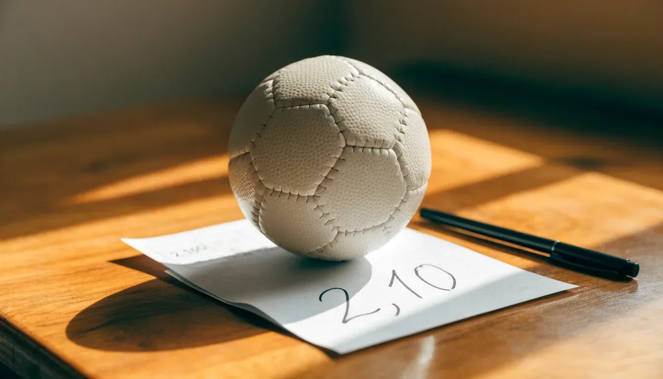 Un pallone da calcio appoggiato su una schedina bianca su un tavolo di legno, alla luce del giorno
