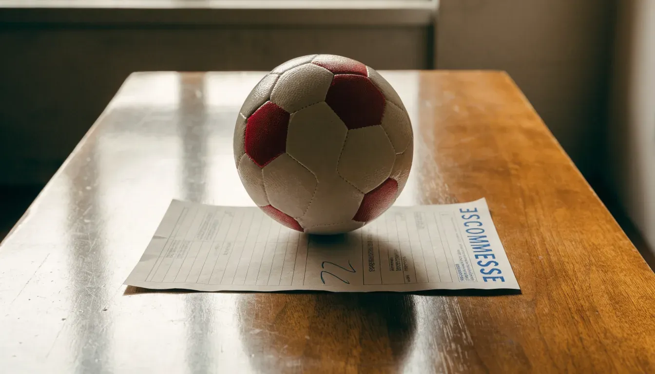 Un pallone da calcio appoggiato su una schedina bianca su un tavolo di legno, alla luce del giorno