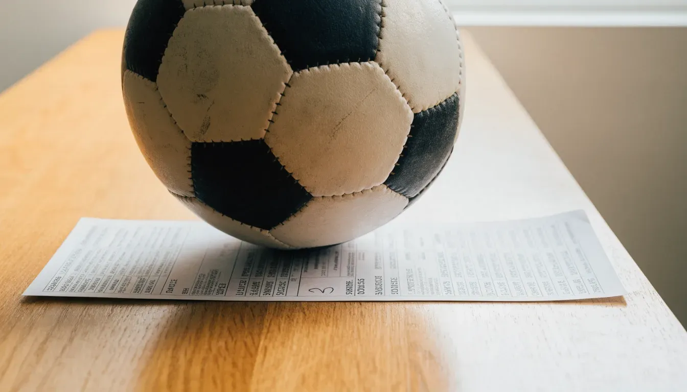 Un pallone da calcio appoggiato su una schedina bianca su un tavolo di legno, alla luce del giorno