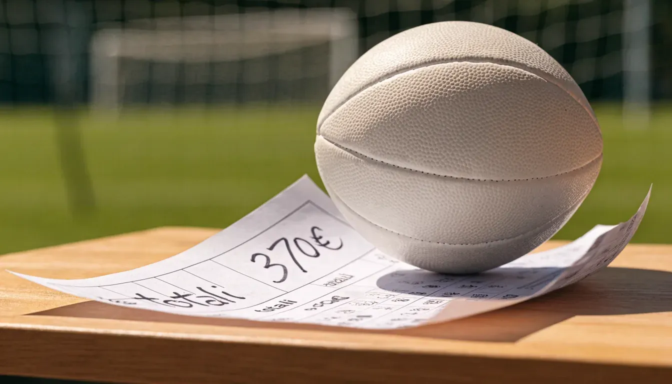 Un pallone da calcio appoggiato su una schedina bianca su un tavolo di legno, alla luce del giorno