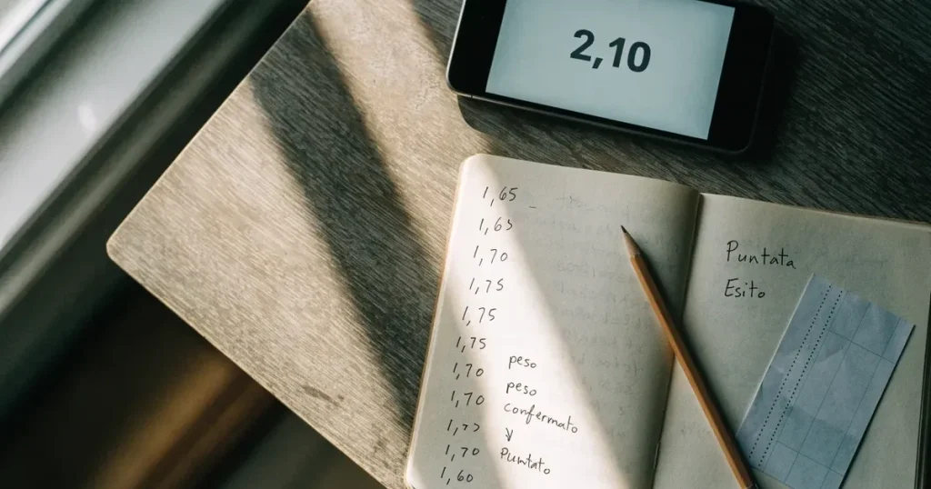 Un quaderno aperto con quote scritte a mano, una calcolatrice e una matita su un tavolo di legno