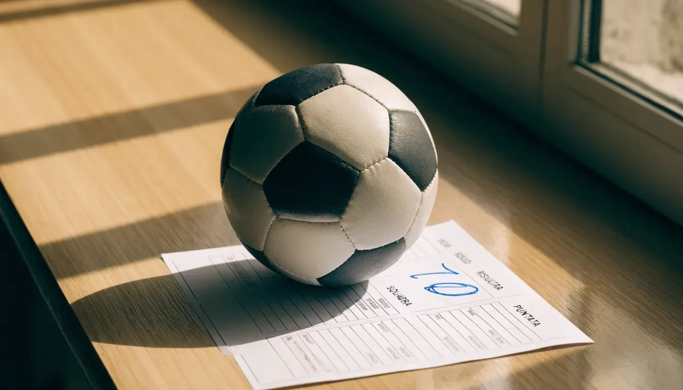 Un pallone da calcio appoggiato su una schedina bianca su un tavolo di legno, alla luce del giorno
