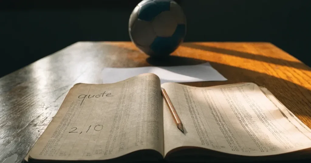Un quaderno aperto con quote scritte a mano, una calcolatrice e una matita su un tavolo di legno
