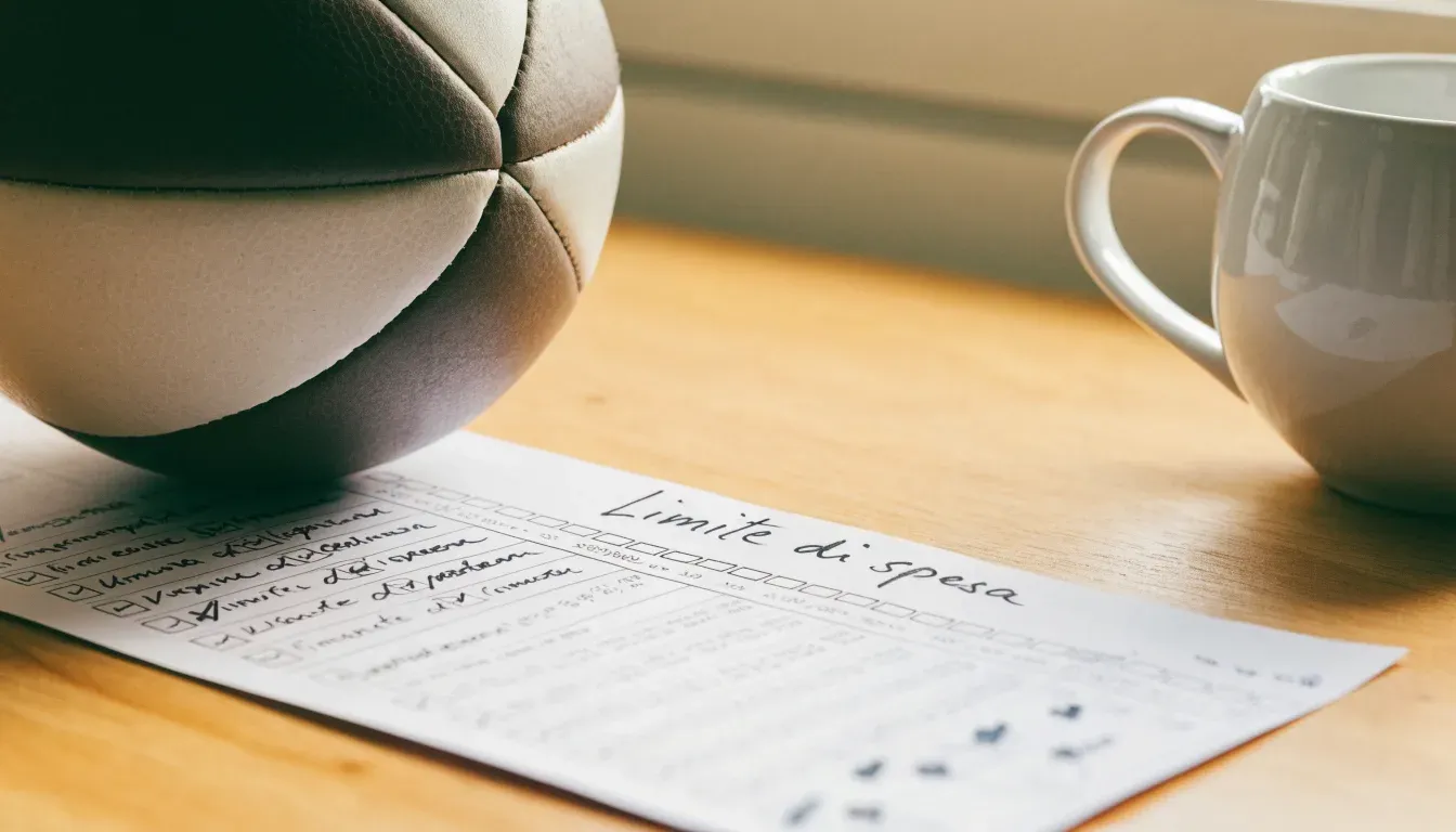 Un pallone da calcio appoggiato su una schedina bianca su un tavolo di legno, alla luce del giorno