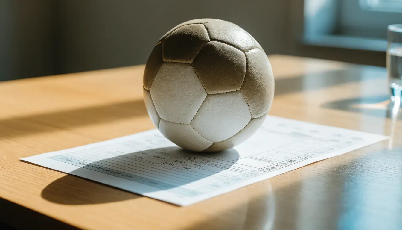 Un pallone da calcio appoggiato su una schedina bianca su un tavolo di legno, alla luce del giorno