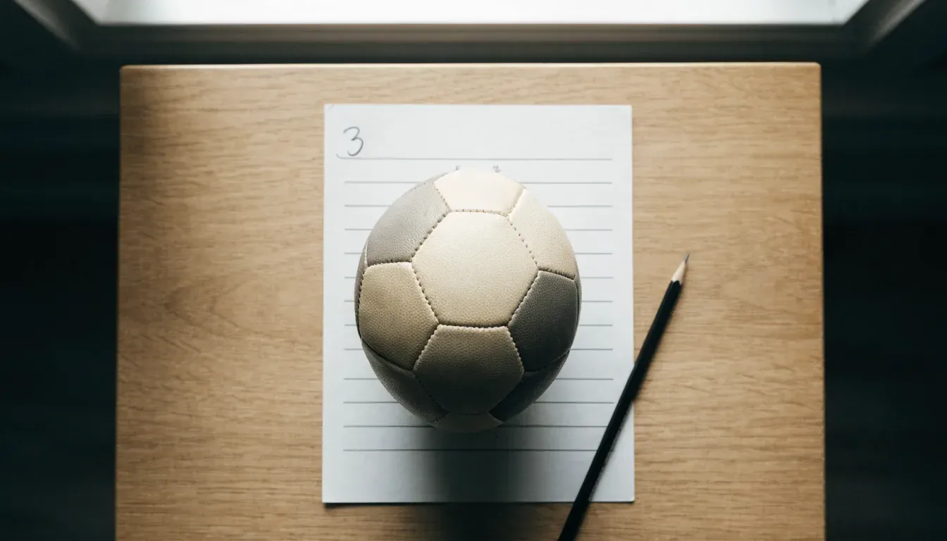 Un pallone da calcio appoggiato su una schedina bianca su un tavolo di legno, alla luce del giorno