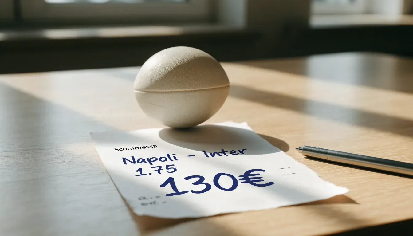 Un pallone da calcio appoggiato su una schedina bianca su un tavolo di legno, alla luce del giorno