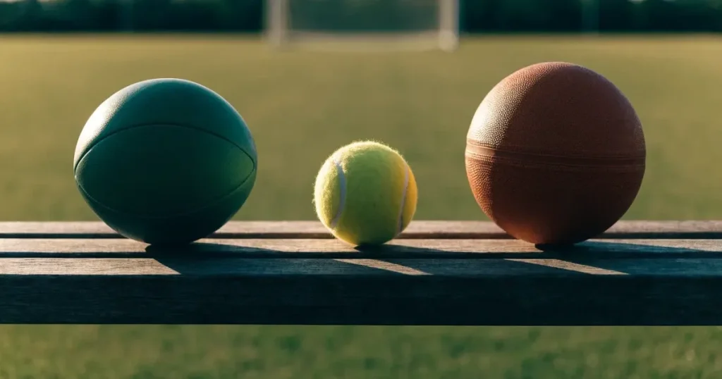 Tre palloni di sport diversi allineati uno accanto all'altro su una panca di legno
